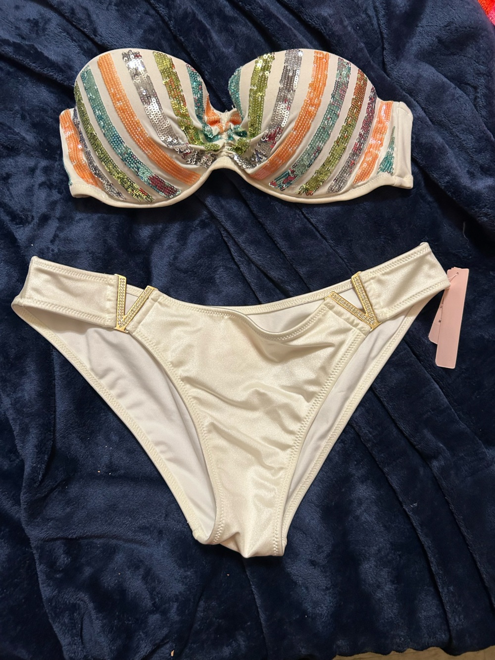 Victoria's Secret Cream Sequin-Striped Bikini Set - Picture 2 of 6